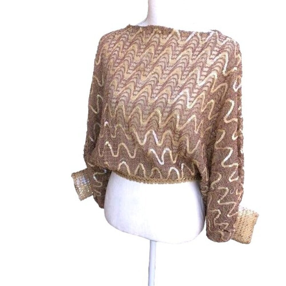 St Martin Vintage Womens Top Size Medium Brown Slouchy Dolman Sleeve Sequin
